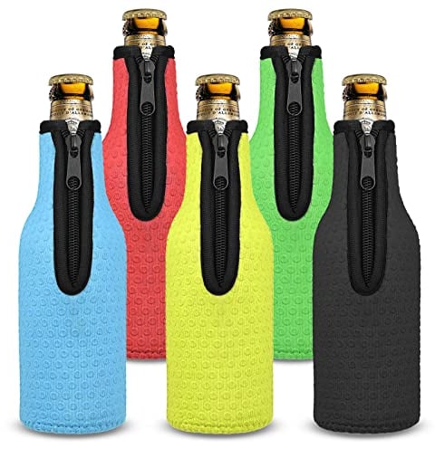 330ml Flasche Flaschenkühler, 5er-Set Bierkühler Bierflaschenkühler mit Reißverschluss Bierflaschenkühlerabdeckungen Cooler Bierflaschen-Isolatoren für Bier, Getränke (Schwarz/Rot/Blau/Gelb/Grün)