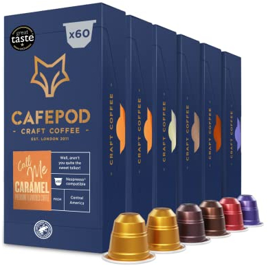 CafePod Flavoured Espresso Coffee Pods - Variety Pack with x20 Call Me Caramel, x10 Vanilla, x10 Hazelnut, x10 Choc ‘n’ Roll, x10 Oh My Gingerbread Compatible with Nespresso Coffee Machine