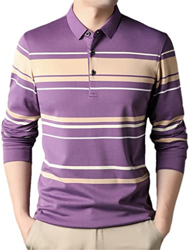 Polo a rayas para hombre casual de manga larga, fucsia, M