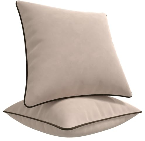 Blau Marité Kissenbezüge 50x50 cm – 2er Set aus weichem Samt – Dekokissen mit kontrastierendem Rand – Beige & Braun – Ohne Füllung