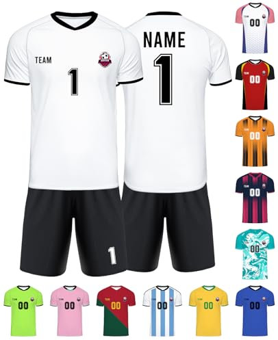 Xiuyours White Personalised Football Shirt Name Number Logo Custom Jersey Shorts Gifts for Kids Boys Men Party