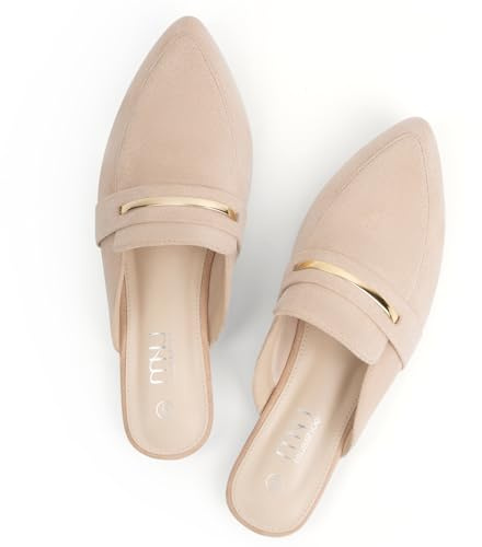 MUSSHOE Womens Mules for Women - Suede Slip On Backless Loafers with Cushioned Insole, Pointed Toe Flats for Office Work Business Casual,Nude Suede 9