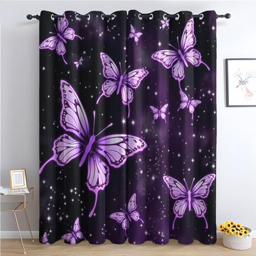 SZLYZM Vorhänge Schmetterling, Verdunkelungsvorhang 2er Set - Vorhang Blickdicht Lila Muster, Thermovorhang für Deko Wohnzimmer Schlafzimmer Kinderzimmer, Gardinen mit Ösen 175x140 cm (HxB) (Wn-&148)
