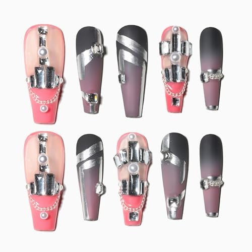 Sun&Beam Nails Handgefertigte Kunstnägel Lang Sargform Ballerina Nägel zum Aufkleben in Rosa Grau 3D Cool Strass Design mit Klebepads 10 Stück (#139 M)