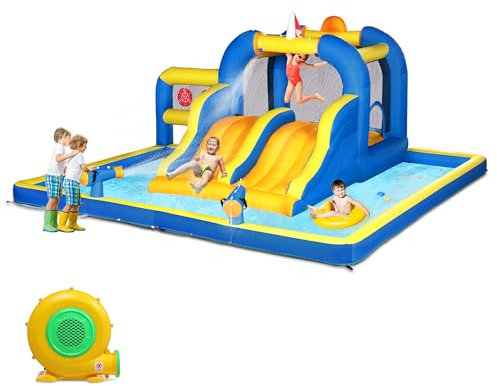 LEADZM Château Gonflable pour Enfants avec Souffleur, Parc D'attractions Gonflable avec Double Toboggan, Zone De Saut, Cible, Pistolet À Eau, Charge Maximale 150 kg, 470x472x225 cm