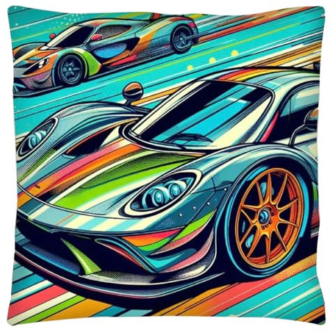 The Beach Stop Artistic Sports Car Accent Cushion Cover | Blue Green Orange Red Multicoloured Car Theme Gift Idea | 45x45cm 18x18” | Colourful Cars