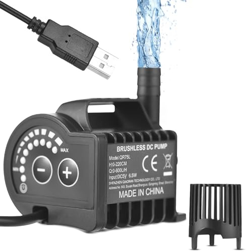 Pompe à Eau électrique 5V, 6,2W 600 L/H Mini Pompe à Eau Submersible, 8 Niveaux Micro Pompe à Eau Submersible, Tête de 2.2 M avec Câble 2M USB et Base à Ventouse pour Réservoir, étang, Aquarium(QR75L)
