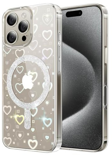 DEVASO Magnetisch Hülle für iPhone 16 Pro Max Kompatibel mit MagSafe, Farbverlauf Glitzer Herz Muster Transparent Handyhülle, Durchsichtige Flash Hologramm Kratzfest Schutzhülle für Mädchen Frauen