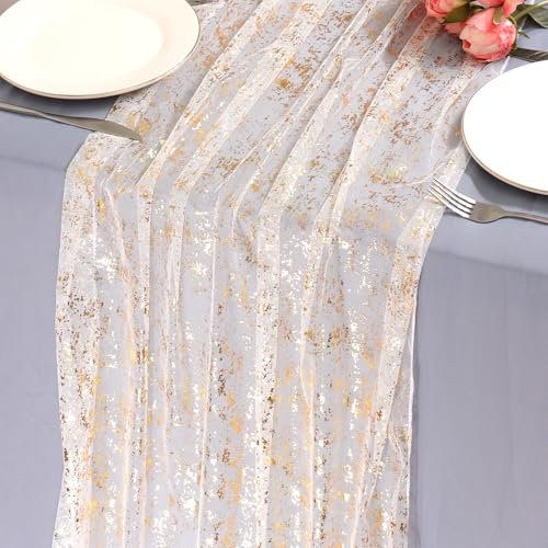 LOMOHOO 2PCS Tischläufer Gold,70X300cm Tischband mit Goldfolie,Dekostoff Gold Tischläufers Hochzeit Boho Tischläufer,Glänzend Tischdeko für Geburtstage Party Taufe Goldene Hochzeit