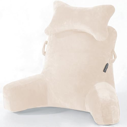 Lesekissen Bettauflage Kissen mit Abnehmbarer Nackenrolle & höherem Stützarm zum Sitzen in Bett, Couch oder Boden-Rückenlehne, Lesekissen, Erwachsenen-Rückenkissen zum Lesen, Fernsehen,Beige