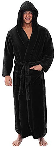 Hooded Bathrobe Men - Hooded Dressing Gown Men Super Soft Thin Fleece Bath Robes Indoor Housecoat Spring and Autumn Mens Towelling Bathrobes Sleepwear Black