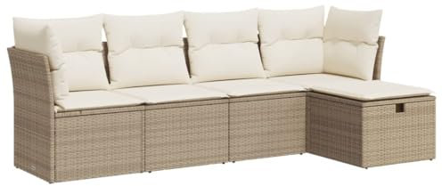 vidaXL 5-TLG. Garten-Sofagarnitur mit Kissen Beige Poly Rattan, Outdoor Sofa Set, Outdoor Sofagarnitur, Garten-Lounge-Set, Garten Sofagarnitur