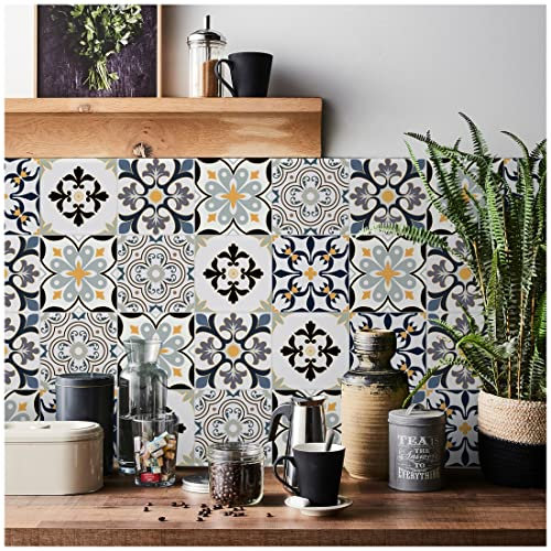 RwalkinZ Tile Stickers for Kitchen 24 pcs Bathroom Self Adhesive Water and Oil Proof Stick On Wall Protect (10cm x 10cm, 4x4 inches) for Stairs Black & White