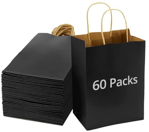 QWORK® 60pcs Black Paper Gift Bags With Handles, 15X8X21CM, For Party, Packaging, Birthday Gift Bags, Shopping Bags