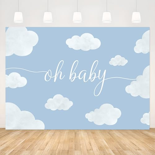 APROPHIC 210x150cm Oh Baby Baby Shower Hintergrund Weiß Wolke Geburtstagsparty Party Banner Weiße Wolke Babyparty Deko Blaue Fotografie Hintergrund Kuchen Tisch Banner Zubehör