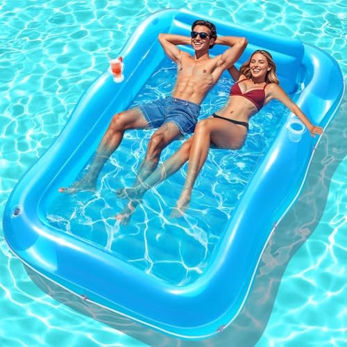 Junbig Aufblasbarer Sonnenpool für 2 Personen, 200 x 152 cm, Sonnenliege mit Kissen, verdicktes Sutan-Bräunungsbett, Poolschwimmer für Erwachsene mit 2 Getränkehaltern, Wasserbräunungsbecken für