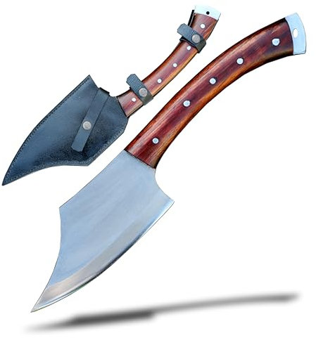 Tomahawk Axt - Handgeschmiedete Jagdaxt mit 22,9 cm Klinge, langlebiger 5160 Stahl, vergütet und geschärft - Rosenholzgriff, inklusive Lederscheide