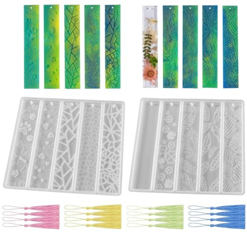Bangbobi 2 Stück Rechteckige Silikon-Lesezeichen Epoxidharzformen mit 10 Designs & 16 bunten Quasten, für DIY Lesezeichen & Schmuck, Silikonformen Epoxidharz zum Selbermachen