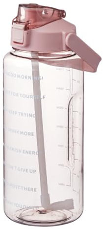 EHOTER Botellas de agua de 2 L, botella portátil de gran capacidad con asa, botellas de agua deportivas con popote y marcador de tiempo, botella de bebidas a prueba de fugas para exteriores (rosa)