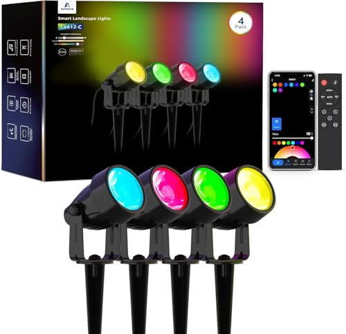 APPECK Gartenstrahler, WiFi Smart Gartenbeleuchtung mit Strom, RGBW Farbe ändernde intelligente Außen Wasserdicht Gartenlampe, mit Alexa, Google Assistant, für Patio, Garten, Einfahrt, Gehweg, 4 Stück