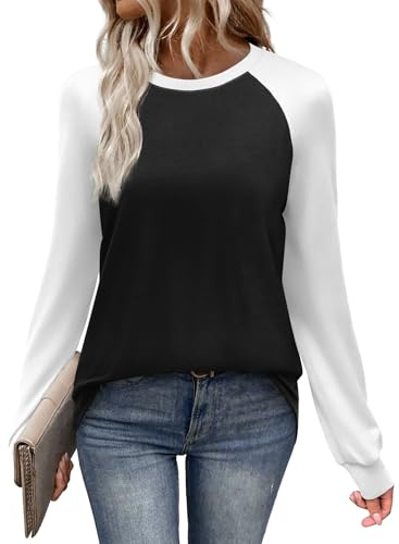 WIHOLL Langärmeliges Baseball-T-Shirt für Damen, Rundhalsausschnitt, Damen-Tops, Schwarz , S