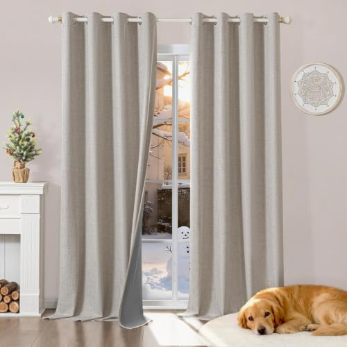 Runyéla 100% Verdunklungsvorhänge Leinen Gardinen mit Ösen, Thermovorhang | 2er Set, H260xB140 Grauweiß, Leinenoptik Vorhang Blickdicht, UV-Schutz Wärmeisolierend Schallschutz Schlafzimmer Wohnzimmer