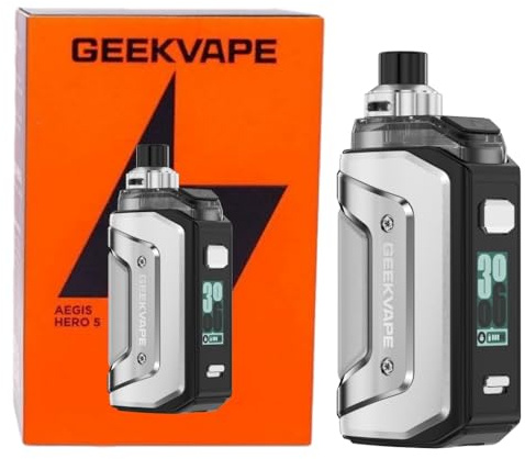 GEEKVAPE Aegis Hero 5 Pod Kit | 50 W Leistung, 2000 mAh Akku | Lebhaftes Display, A-Lock-Funktion | 6,5 ml HERO-Kartusche, passend für B-Spule (BOOST-VERSION) No Nicotine (Steel Silver)