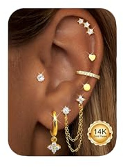 CASSIECA 7 Pairs 14K Gold Flat Back Earrings for Women: Hypoallergenic Surgical Steel, Dangle Chain, Hoop, Stud Earrings Set