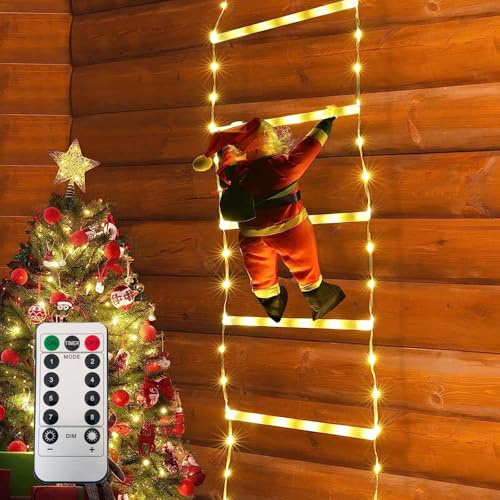 Bizcasa Luci Decorazioni Natale, LED Luci per albero di Natale, con Scala e Babbo Natale, 8 Modalità, Funzione Timer e Memoria, Luci Natalizie per Feste, Finestra (Bianco Caldo)