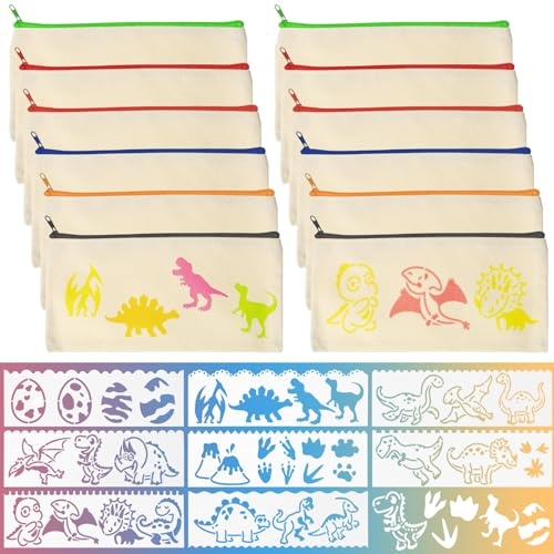 12 Pcs Trousse Personnalisable, Pochettes en Tissu Vierges, Pochette Tissu Zippée Pochette Personnalisable, Sacs en Coton Trousses à Crayons de Toile pour Bricolage Peinture,avec 8 Modèles de Dessin