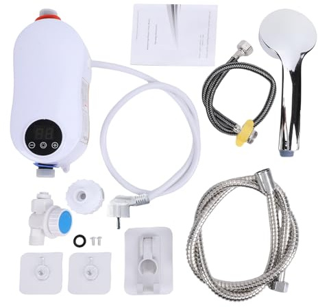 Denash Mini-Durchlauferhitzer, 5500 W, Elektrischer Warmwasserbereiter mit LED-Touchscreen, Temperaturregelung 30–55 °C, IPX4 Wasserdicht, für Einfache Installation, Duschset