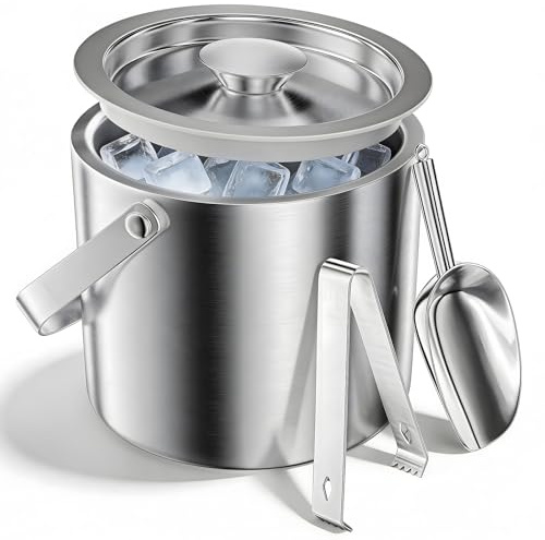 Zourglow 3L Cubiteras para Hielo con Tapa de Acero Inoxidable | Cubitera para Hielo Grande de Doble Pared con Pinzas y Scoop, Cubo de Hielo Aislante para Bar, Cumpleaños, Fiestas de Picnics