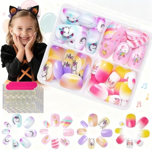 96-Pcs Kids Cartoon Stick-On Nails Set with Unicorn & Rainbow Designs - Cute Princess False Nails Stickers for Girls DIY Manicure with Manicure Tools, Party Gift for (Unicorn Fun – 96PCS)