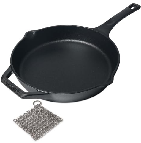 AEPORA 28 cm Pre-Seasoned Cast Iron Frying Pan & Skillet, Extra-Thick | 5.5 mm base + 4.5 mm walls | Chainmail scrubber included | Induction, Gas, Electric, Oven, BBQ & Outdoor Cooking