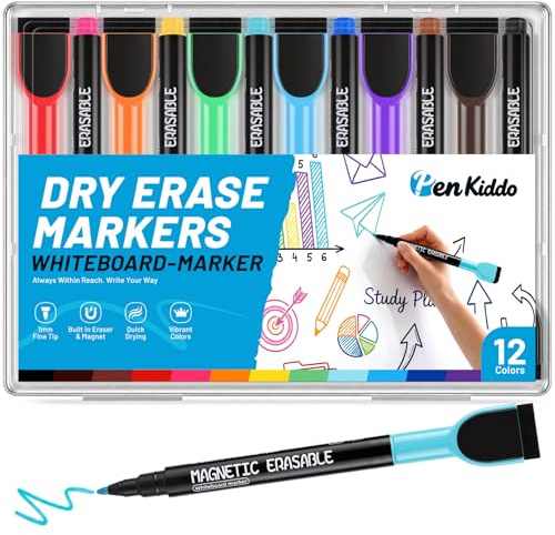 PENKIDDO Whiteboard Marker, 12 Farben Folienstift Abwischbar Magnetisch mit Feiner Spitze und Radierer, Schnelltrocknend Geruchsarm Whiteboard Stifte für Zuhause, Schule und Büro