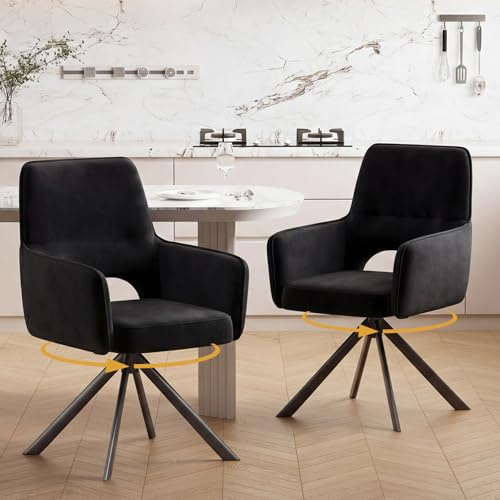 Ckaff 2er Set Esszimmerstühle Drehbar mit Armlehne, 360°Drehbar Polsterstuhl Küchenstuhl aus Samt, Stühle Esszimmer mit Metallbeine und Rückenlehne für Küche Esszimmer Schlafzimmer, Schwarz