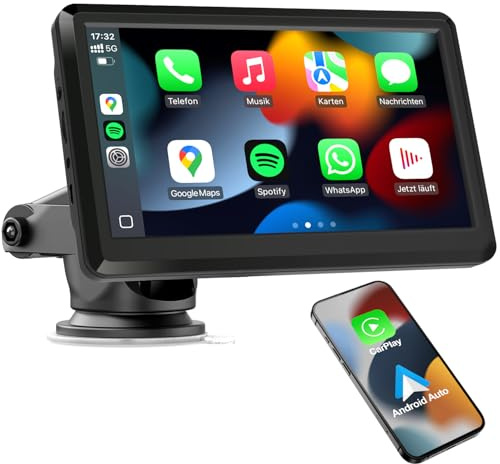 Wireless CarPlay Display, Tragbare Autoradio Bluetooth mit Android Auto | 7 Zoll Touchscreen Bildschirm, MirrorLink, Sprachsteuerung, Freisprechen, GPS Navigation, FM, AUX für Auto PKW LKW Wohnmobil