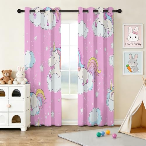 CozyRest Märchen Vorhang Blickdicht ösen 2er Set Einhorn Regenbogen Traumhaft Rosa Muster Gardine Lichtundurchlässig Fenstervorhang Wohnzimmer Mädchen Vorhänge Größe: 166 x 150 cm