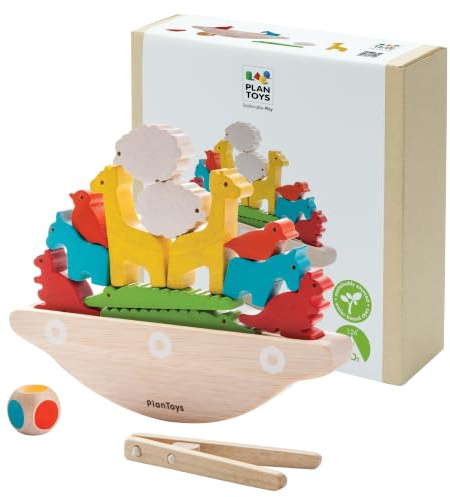 PlanToys® Balancierspiel Boot Holz | Geschicklichkeitsspiel mit Tieren | Balancierspiel aus Holz ab 3 Jahren für 1–4 Spieler: Tiere aufs Boot stapeln, ohne dass es kippt. Fördert Feinmotorik