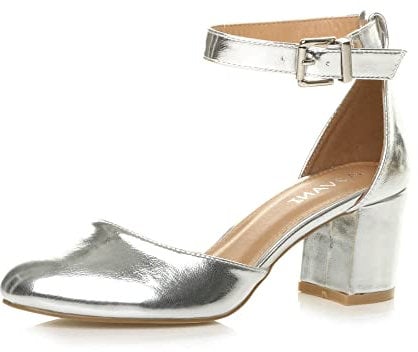 Ajvani Womens Ladies Low mid Block Heel Ankle Strap Court Shoes Sandals Size, 4 UK, Silver Metallic
