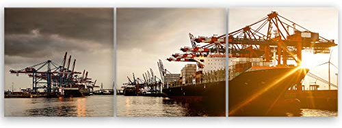 ge Bildet Bild auf Leinwand | Hamburger Hafen in 150x50 cm mehrteilig als Panorama Wandbild XXL | Wand-deko Dekoration Wohnung modern Bilder | 1247