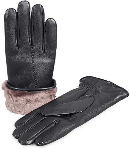 Zavelio Damen Premium Shearling Schaffell Fell Gefüttert Leder Pelz Handschuhe, schwarz, Large