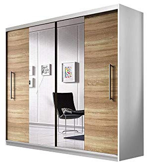 Armoire coulissante Nico 203 cm – 2 Portes avec Miroir et Tringle – penderie Moderne avec Grand Espace de Rangement pour Chambre ou entrée (Blanc + Sonoma)