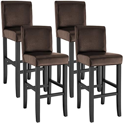 tectake® 4er Set Barhocker, Bistrohocker, Tresenhocker, Barhocker mit Lehne, gepolsterter Barstuhl, Bistrostuhl mit Fußstütze, Holz und Kunstleder, Stuhlbeine aus Massivholz, 107 cm hoch - braun