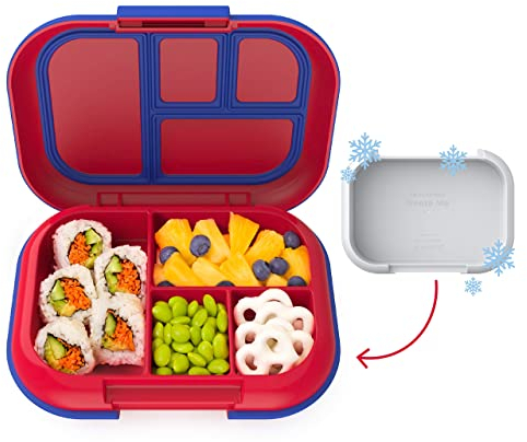 Bentgo® Kids Chill auslaufsichere Lunchbox – inklusive wiederverwendbarem Eisbeutel hält Lebensmittel kalt, 4 Fächer, Bento-Lunchbehälter, mikrowellen- und spülmaschinenfest, Rot/Königsblau