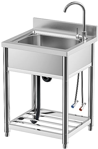 Évier de cuisine sur pied en acier inoxydable avec robinet, lavabo de cuisine avec étagère de rangement, bac à linge pour intérieur et extérieur (55,9 cm)