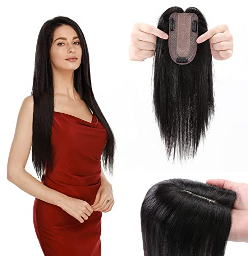 Clip in Extensions Echthaar Topper Extensions Echthaar Haarteile Echthaar Toupet für Frauen Toupee Haarteil 130% Dichte Hair Extensions 40cm-48g 1B# Naturschwarz