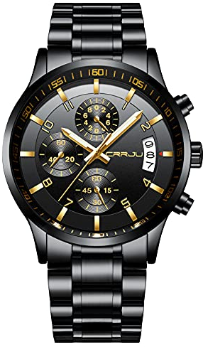 CRRJU Herren Uhr wasserdichte Chronographen Armbanduhr Männer Edelstahlarmband Business Analog Quarzuhr mit Kalender (Schwarz Gold)