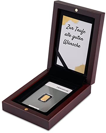 Goldstücke24 Gold zur Taufe - Goldbarren im edlen Geschenk-Etui mit Grußkarte - Mahagoni - Feingold 999,9 (1g Gold)