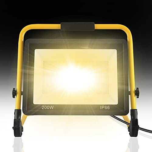 YRHome 200W LED Baustrahler Baustellen Arbeitsleuchte 16000LM Warmweiß LED Strahler Austellenlampe Floodlight inkl. Standgestell & 3m Netzkabel Flutlicht IP66 Wasserdicht für Garage Werkstatt